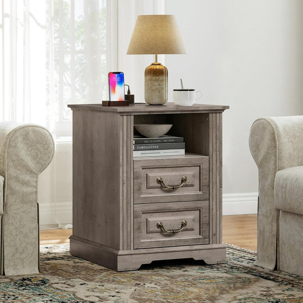 RALGEND Farmhouse End Table with 2 Drawers, Nightstand with Charging Station,...