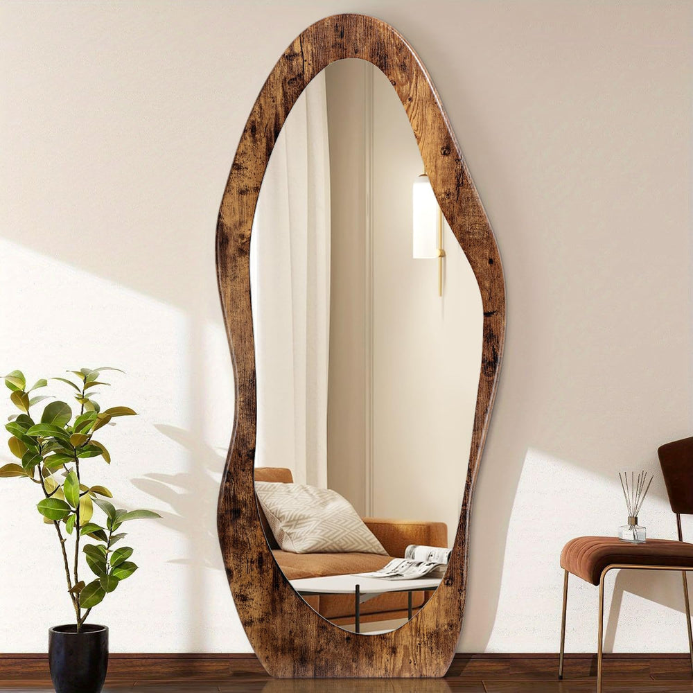 Full Length Mirror Wood Framed Full Body Mirror Wavy Retro Brown