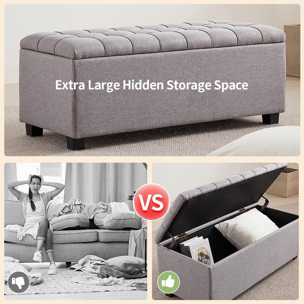 38-inch Grey Fabric Storage Ottoman Bench with Hinged Lid - Long End of Bed B...