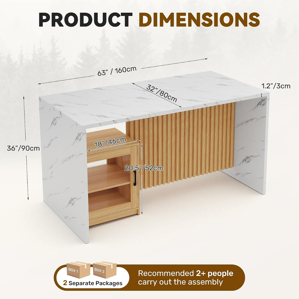 Miereirl 63”/32” Kitchen Island Table with Storage Space, Imitation Marble Is...