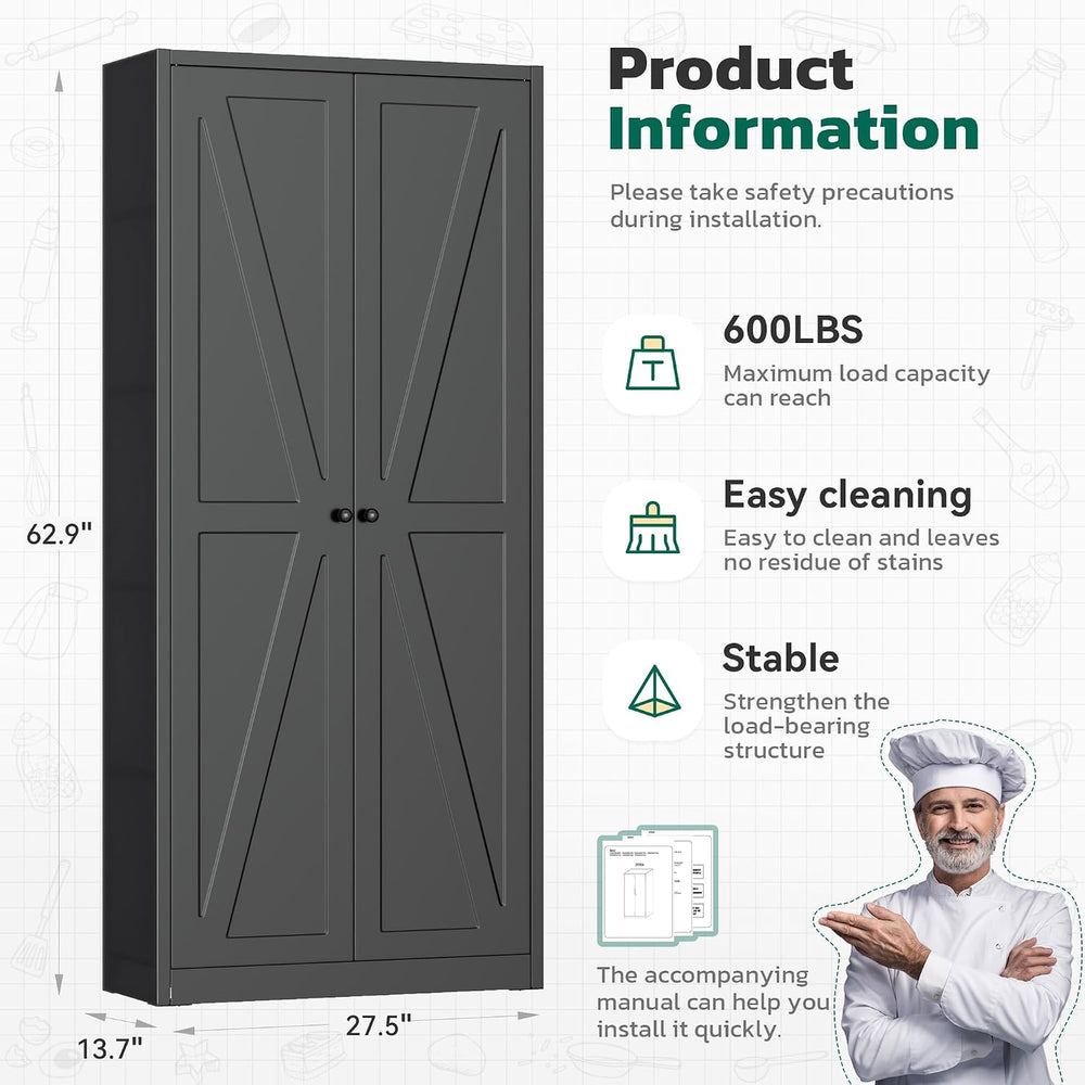 Greenvelly 63" H Black Farmhouse Metal Pantry Cabinet, Kitchen Pantry St...