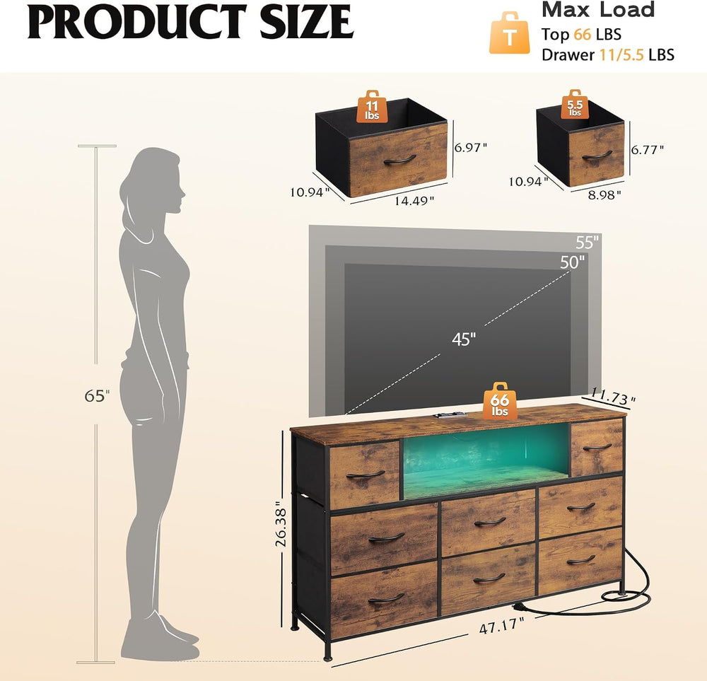 WLIVE LED Dresser TV Stand for 55 Inch TV, 8 Fabric Drawers, Brown Dresser