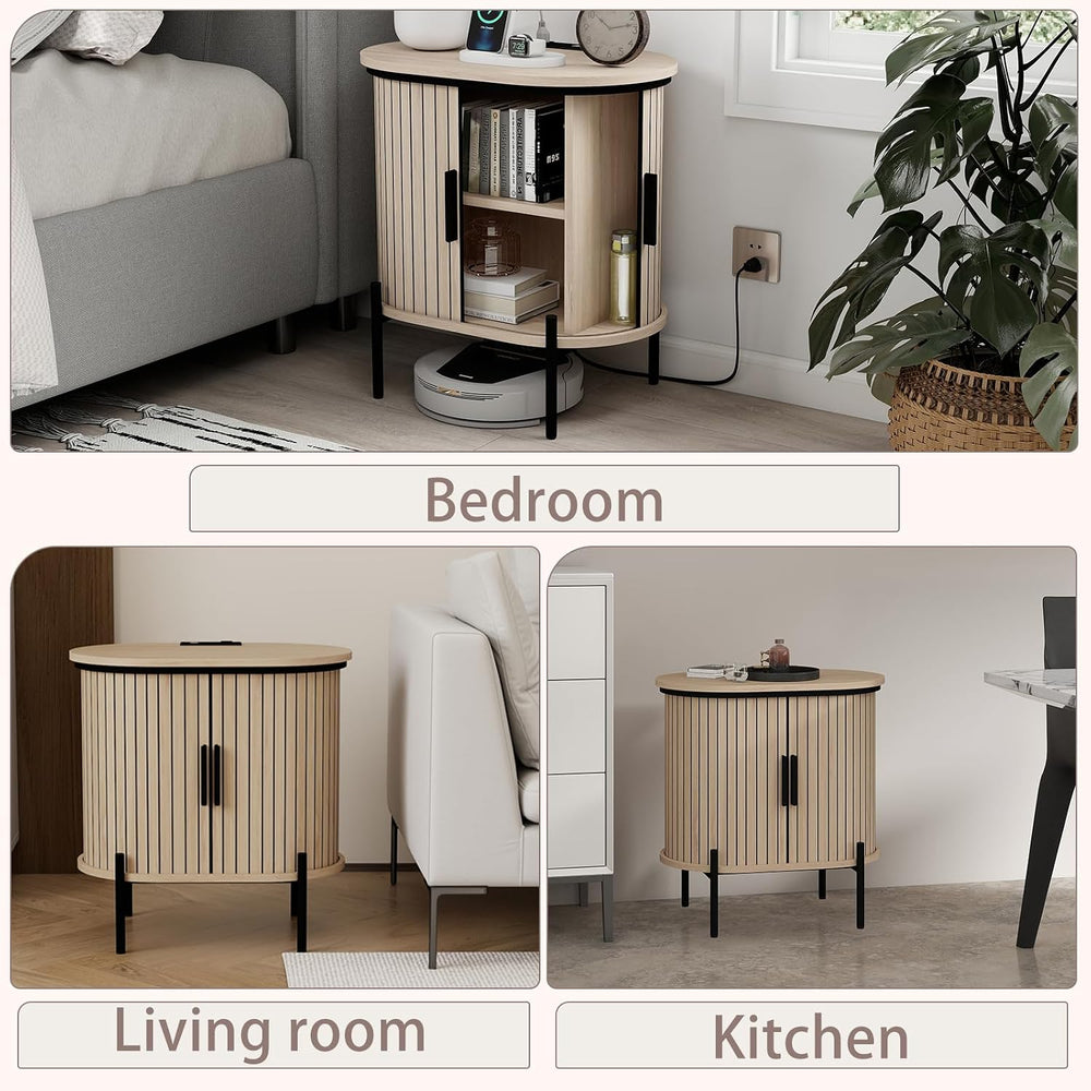 CANMOV Mid Century Modern Side Table,Oval Nightstand with Charging Station &a...