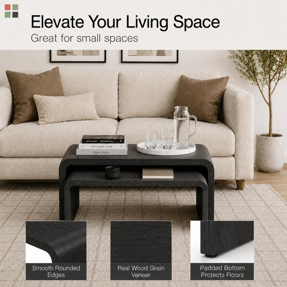 Stead Curved Nesting Coffee Table Set of 2, Modern Wood Nesting Tables for Li...