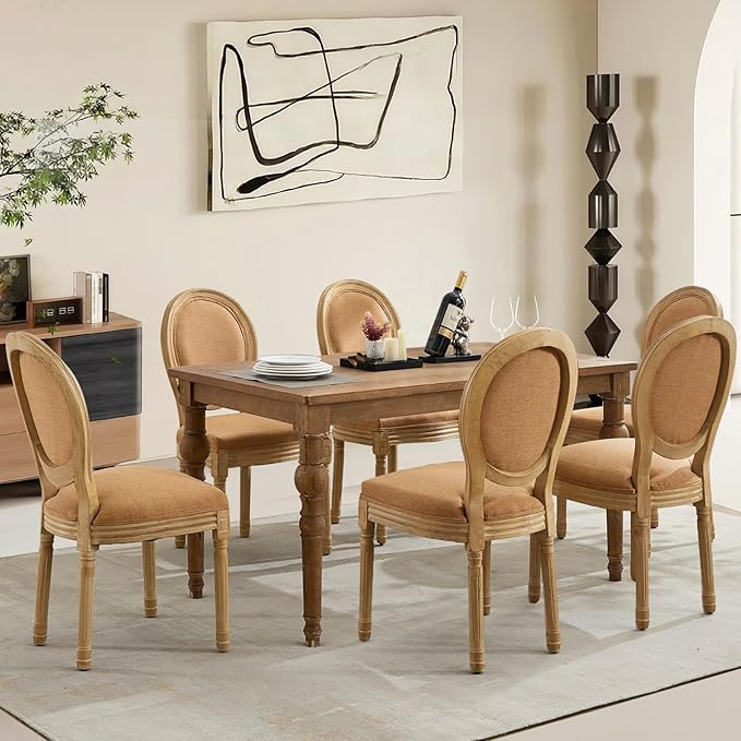 Linen Upholstered Dining Chairs Set of 6 French Country Oval Fabric Back Kitc...