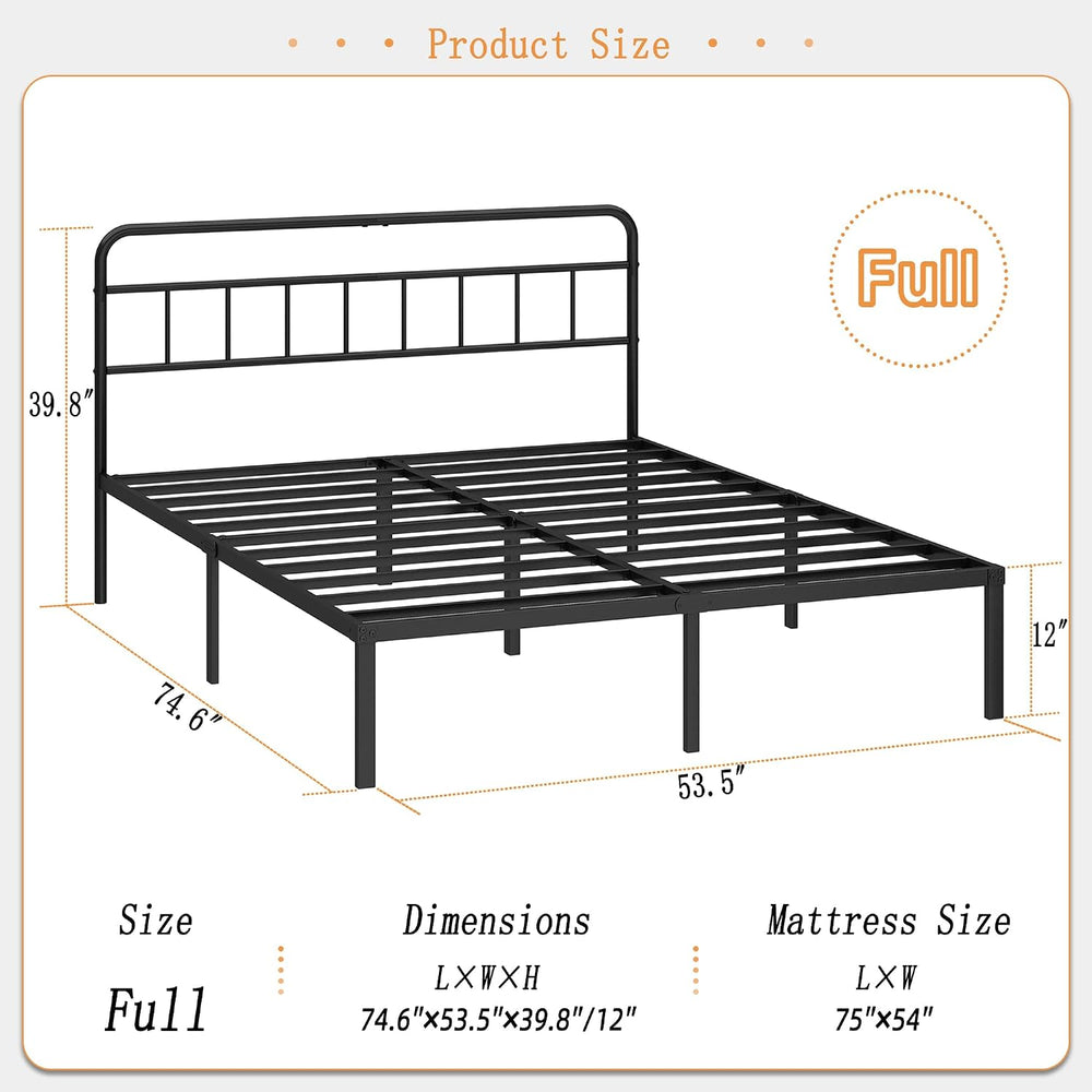 Kujielan 12 inches Full Size Bed Frame with Minimalist Headboard, Black