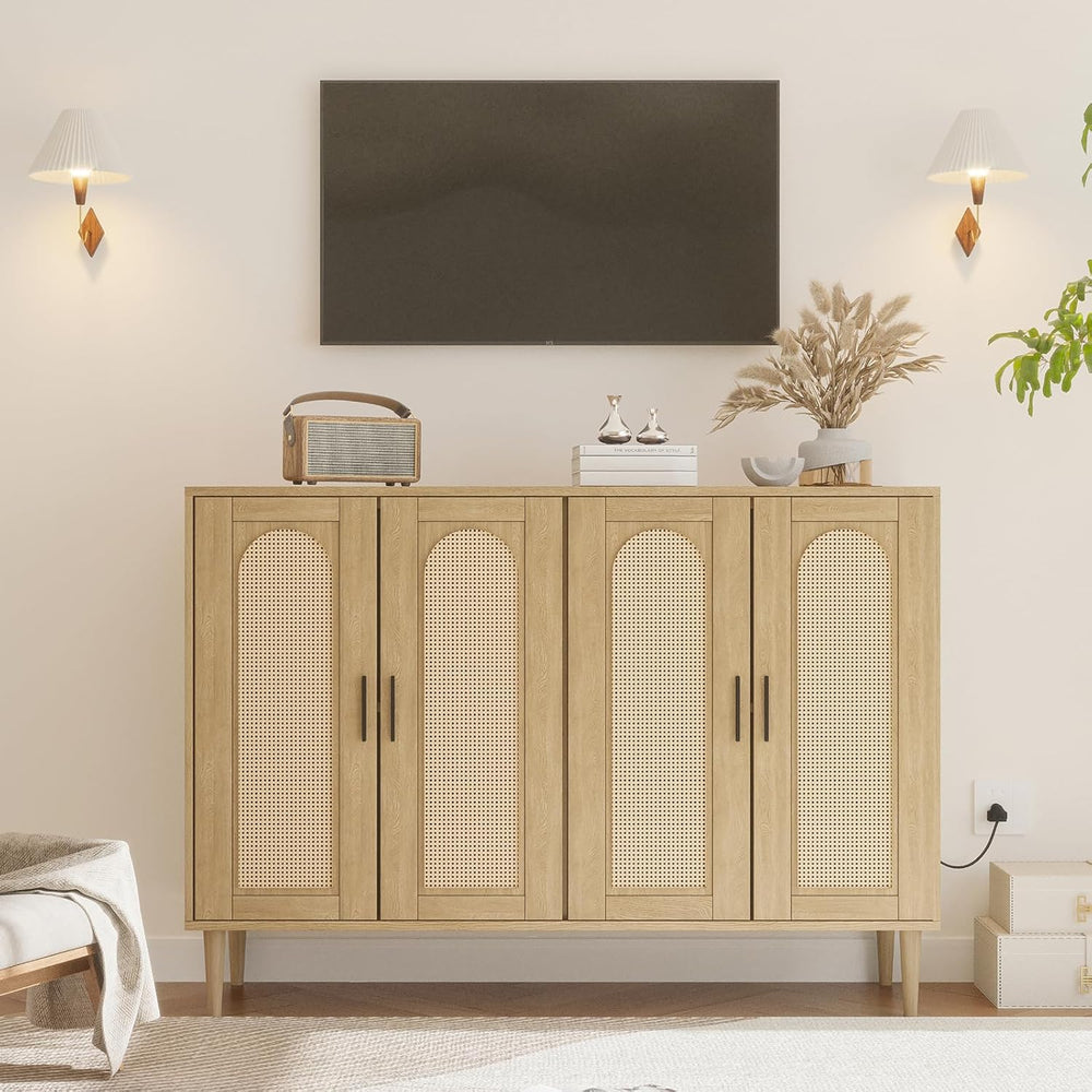 Patikuin Rattan Sideboard Buffet Cabinet, Boho Accent Storage Cabinet, 4 Door...