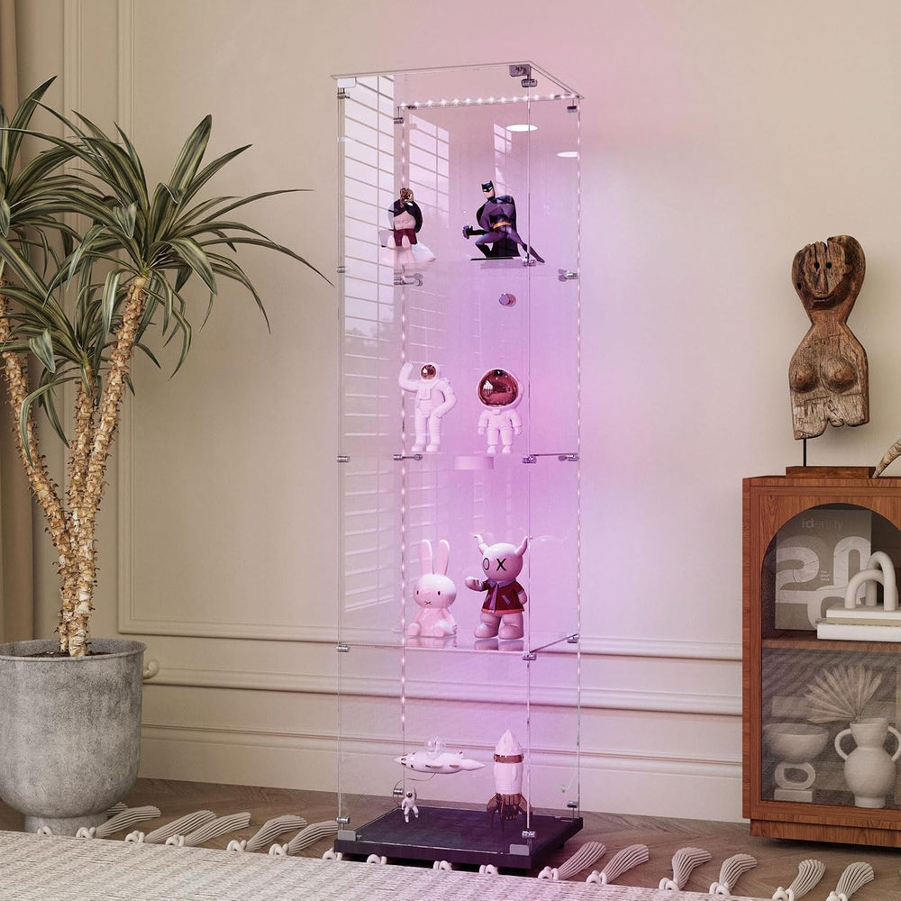 4-Shelf Glass Display Cabinet with LED Lights Strip and Lock, Curio Cabinets ...