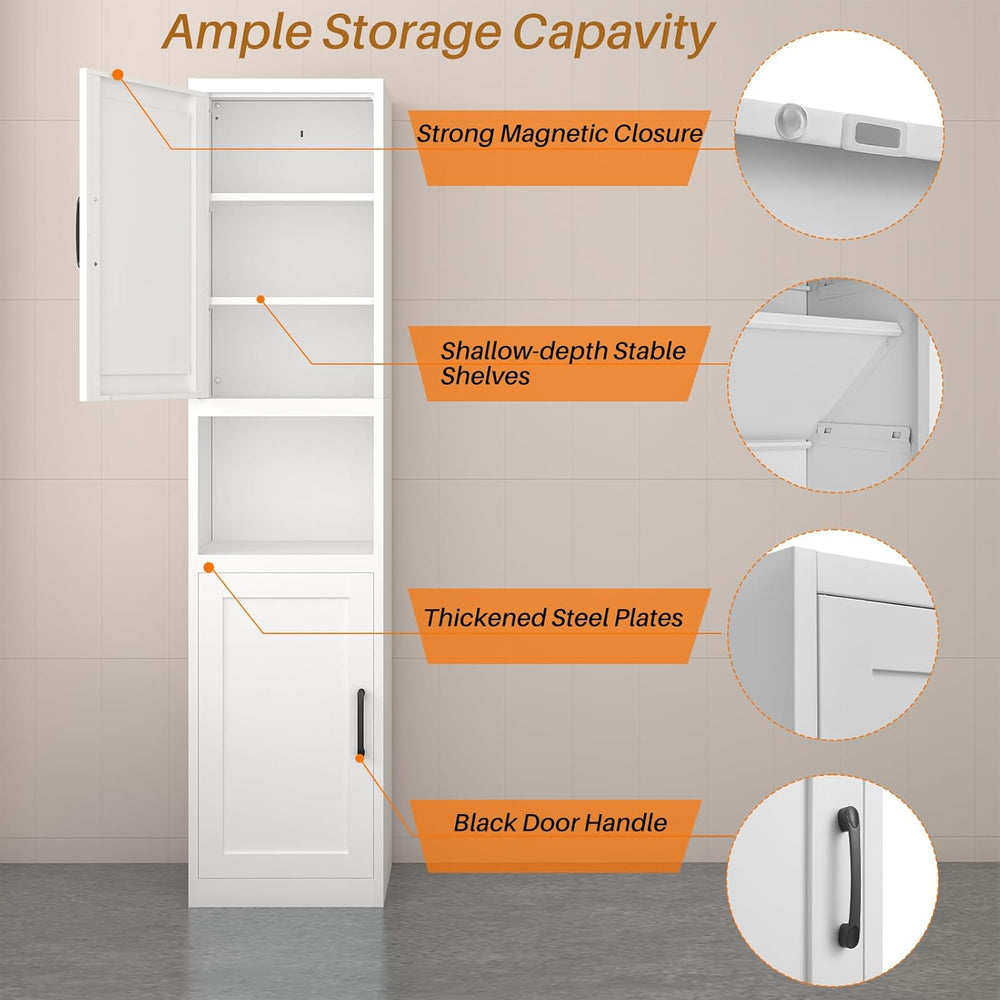 67" Tall Slim Pantry Cabinet, Narrow Bathroom Storage Cabinet | Metal Sk...