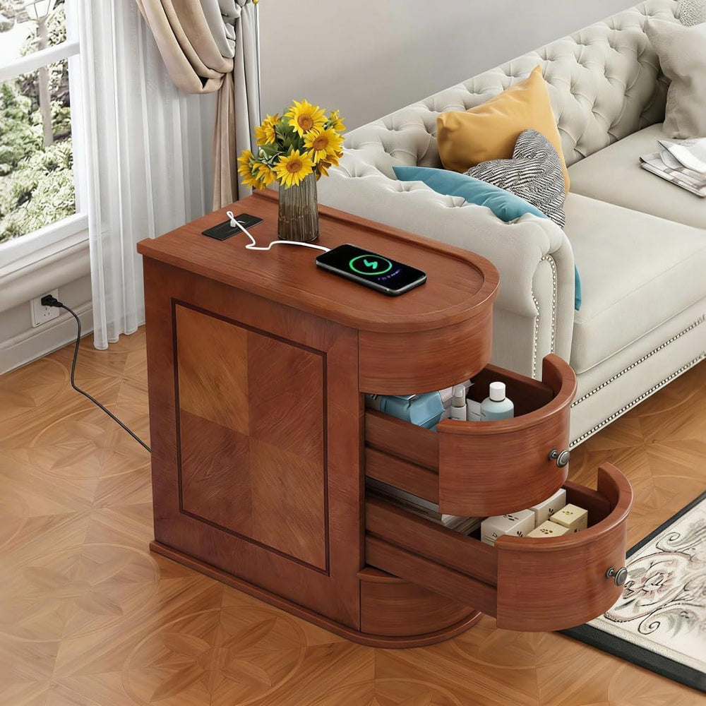 Narrow End Table with Charging Station, Vintage Slim Sofa Side Table & Ni...
