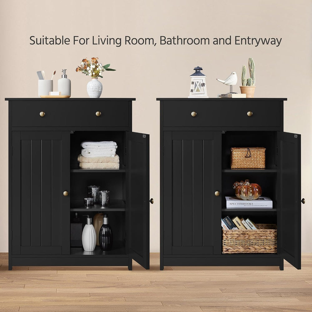Yaheetech Black Slatted Bathroom Storage Cabinet with Drawer & Double Doors