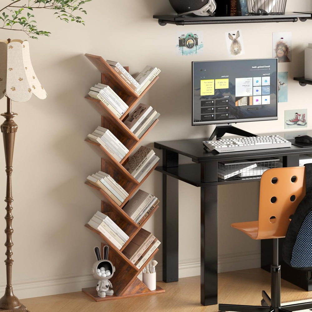 SHEEPAM 10 Tier Tree Book Shelf, Floor Standing Wood Bookshelf for Narrow Spa...