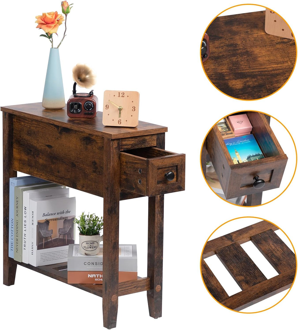Brown Chairside Narrow End Table, Solid Wood Recliner Side Table with Drawer,...