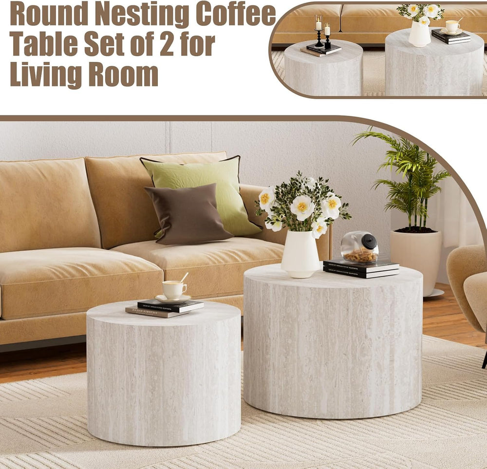 Nesting Coffee Table Set of 2 (C Light Beige Travertine) | Modern Round Coffe...