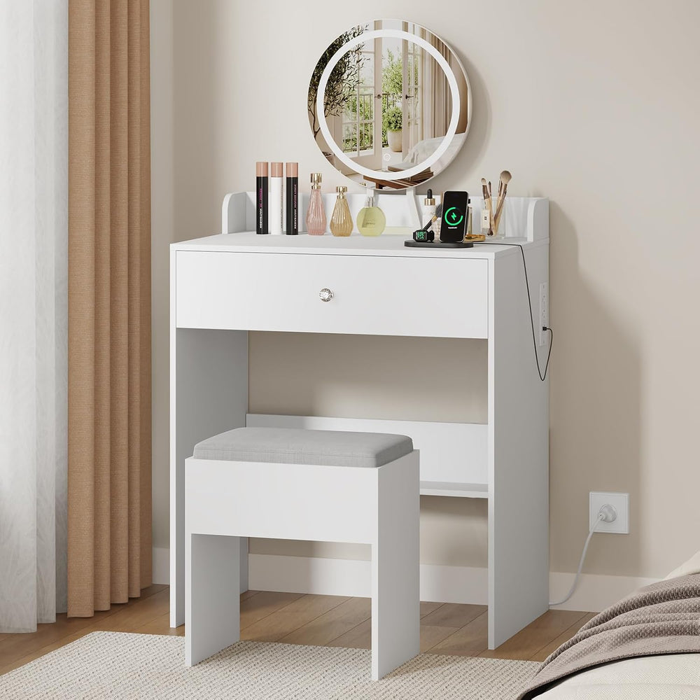 Small Vanity Desk With Power Outlets, Makeup Table for Girls, White | 23.6&qu...