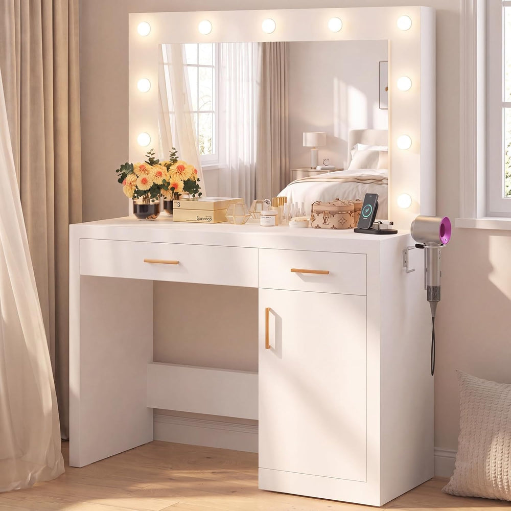 DUMOS Makeup Vanity Desk with Mirror and Lights, Charging Station | 11 LED Bu...