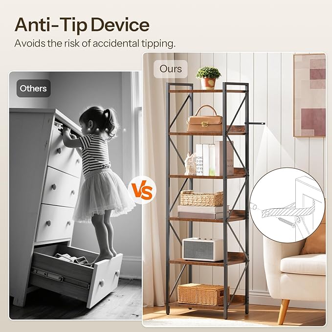 HOOBRO Bookshelf, 6-Tier Industrial Bookcase, Book Shelf Storage Organizer, T...