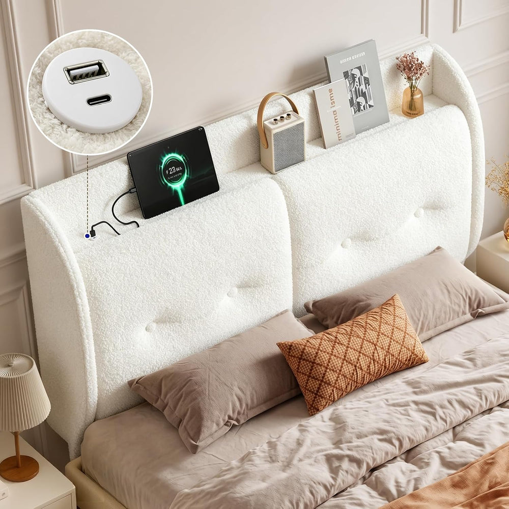 Pinmoco Queen LED Wingback Headboard with Storage & Charging, White