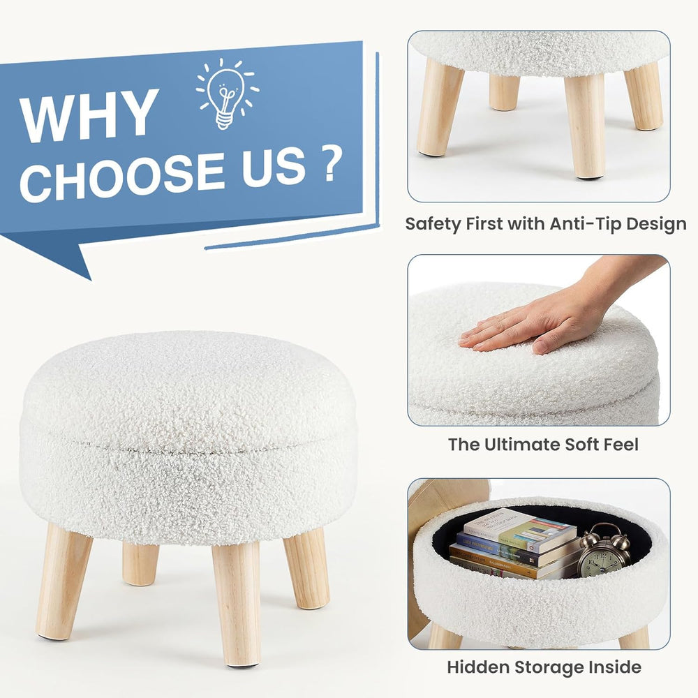 DUMOS Round Storage Ottoman Foot Rest, Compact Boucle Upholstered Footstool w...