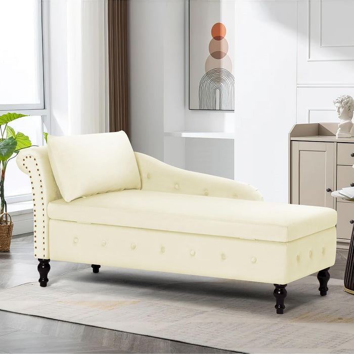 Velvet Chaise Lounge w/Left Armrest & Storage Space, Beige