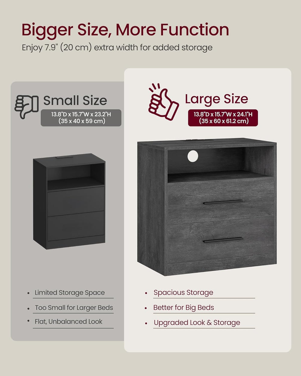 VASAGLE 23.6‑Inch Wide Nightstands, Set of 2, LED Lights, 2 Drawers