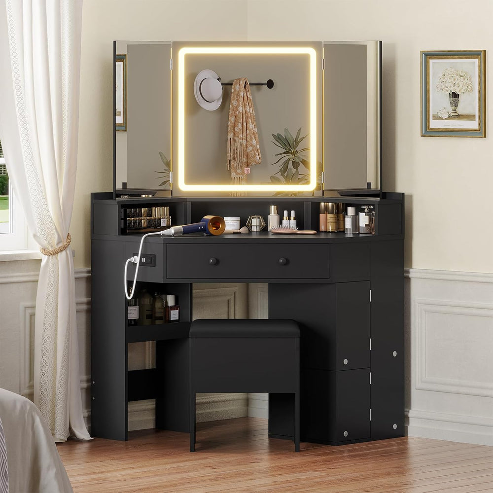 HAUOMS Corner Vanity Desk with Mirror Lights & Storage Bench, Black | Mak...