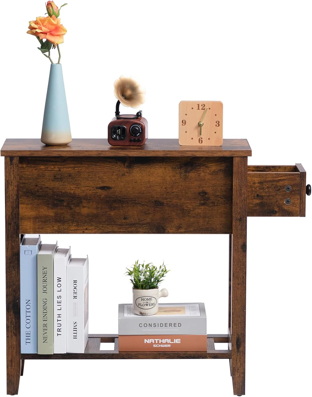 Brown Chairside Narrow End Table, Solid Wood Recliner Side Table with Drawer,...