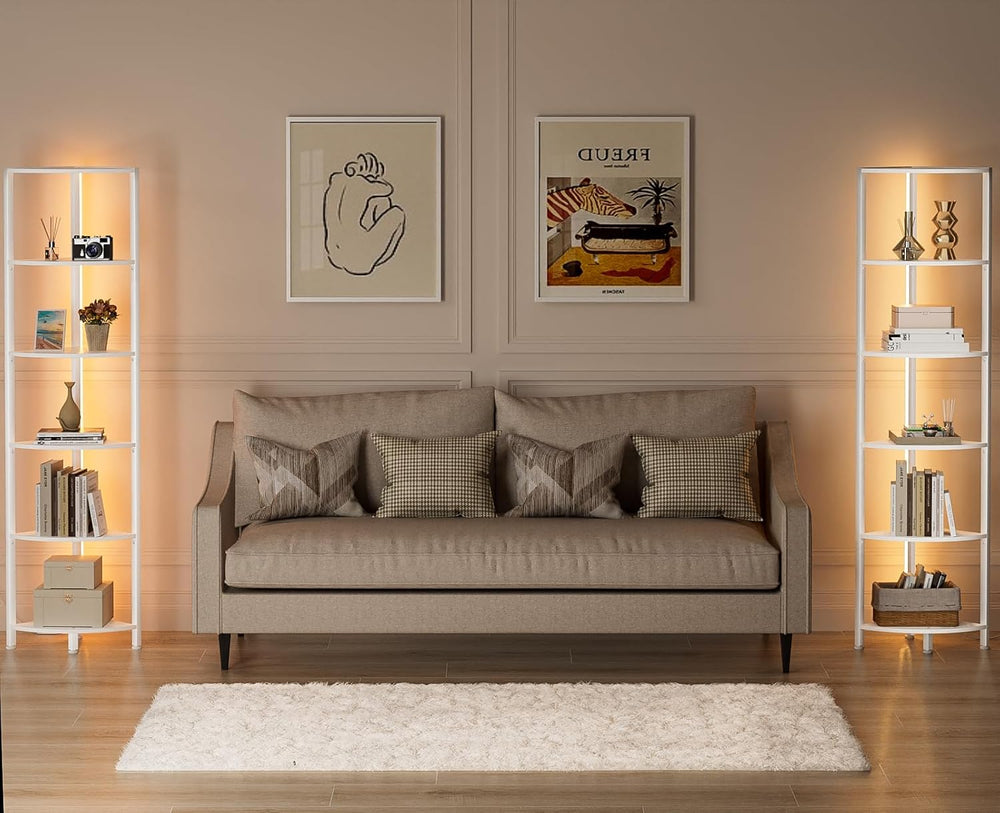 Furnulem 6 Tier Corner Shelf with LED Light, 67.5" White Narrow Bookshel...