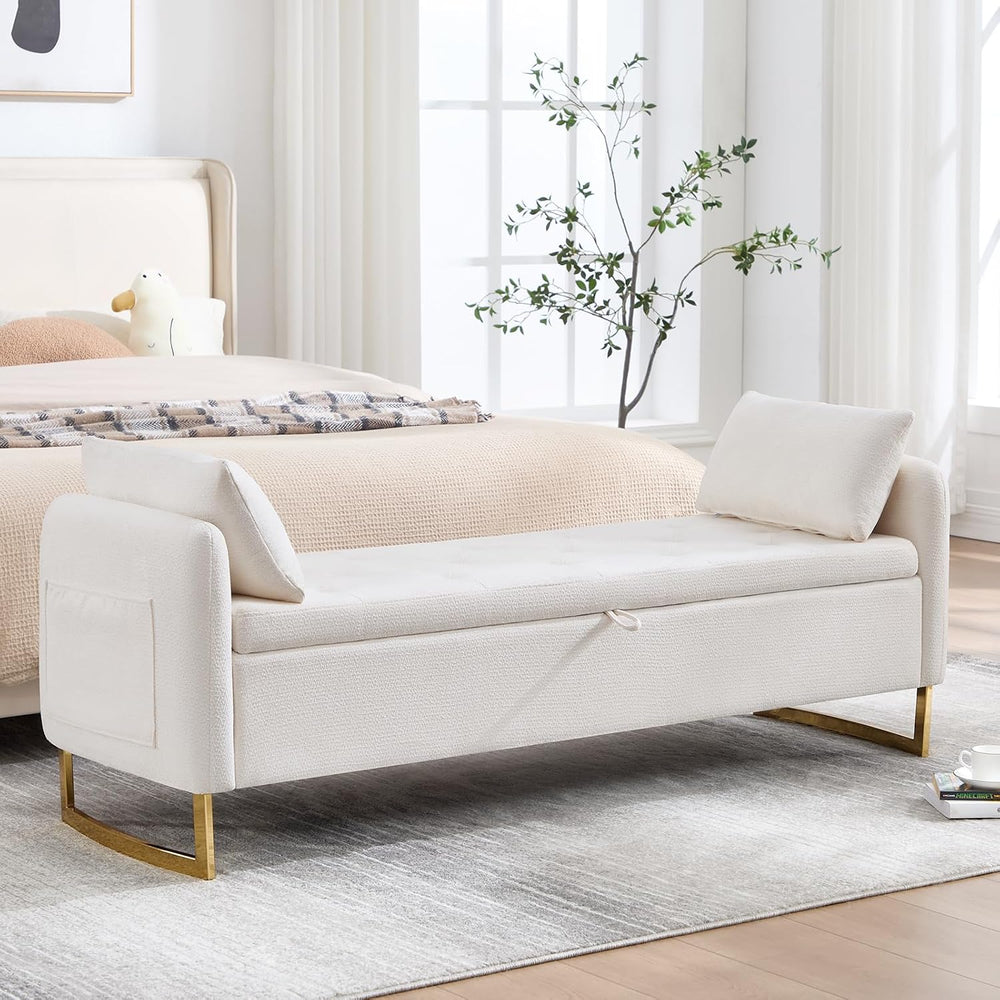 Storage Bench for Bedroom, 65 Inch End of Bed Storage Bench Cream | Chenille ...