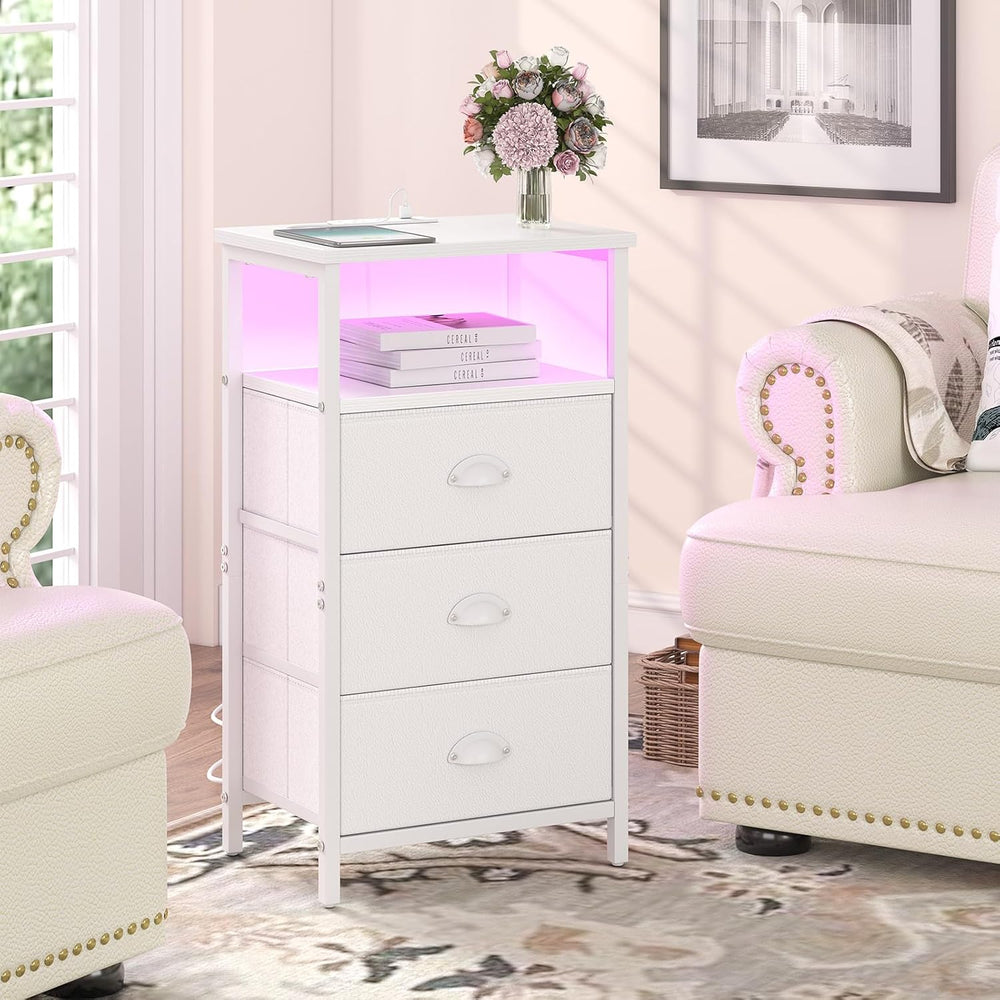 sthmec Nightstand with Charging Station,LED White Nightstand with 3 Fabric Dr...