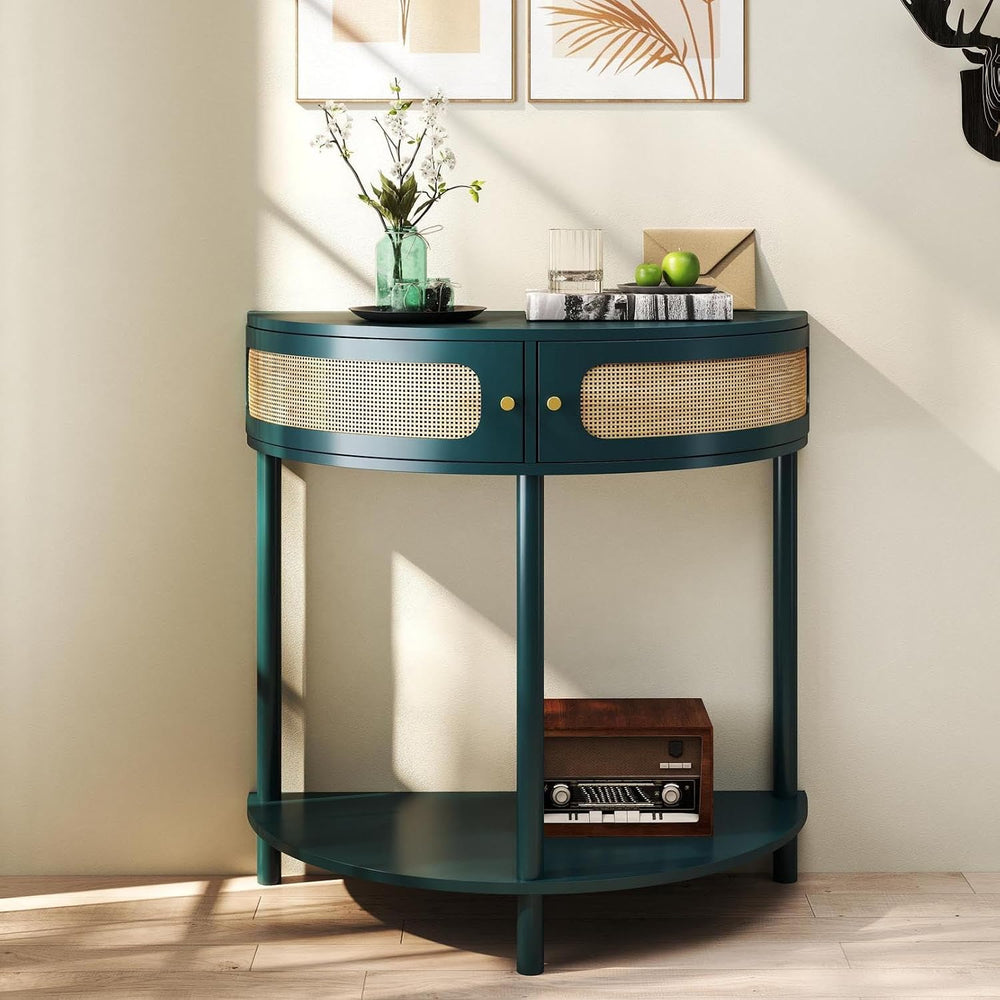 Unique Half Moon Console Table with Rattan Doors, 31.5" Rattan End Table...