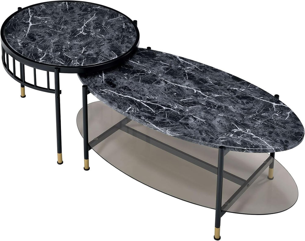 Engineered Stone Top & Black Finish Nesting Table Set | Dual-table nestin...