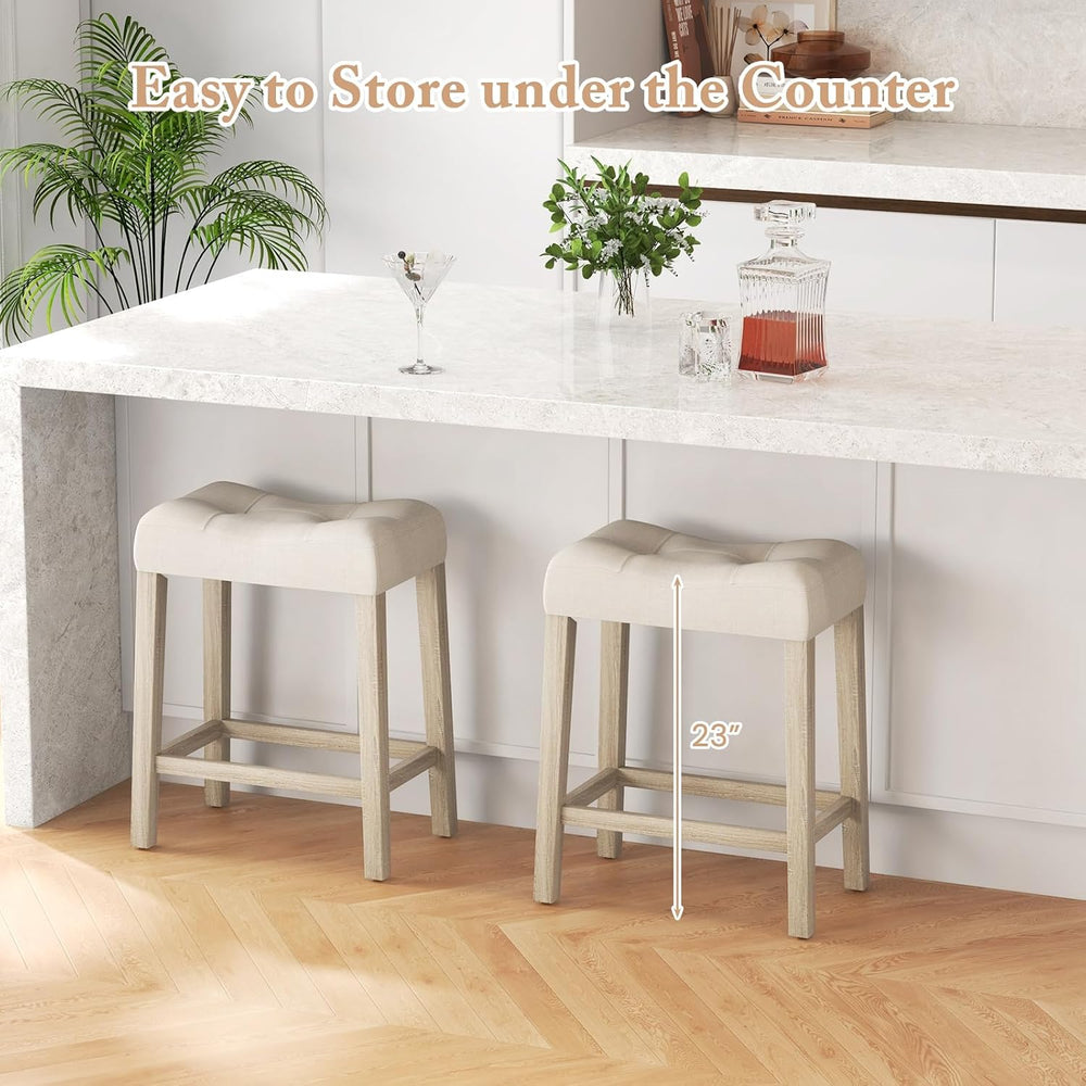 COSTWAY Wooden Saddle Stools Set of 2, 24-inch Counter Height Upholstered Bac...