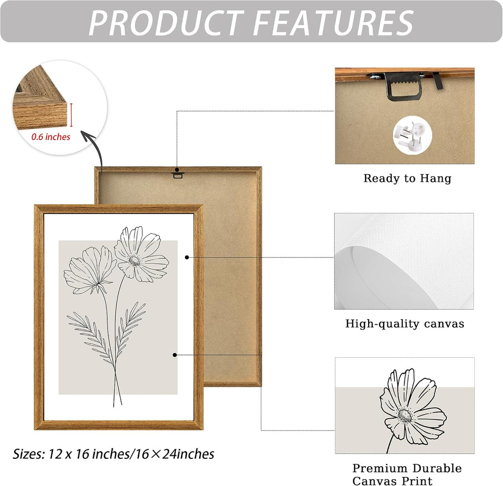 ICHZUMW Framed Black and White Neutral Floral Canvas Wall Art, 3pc 16x24 In