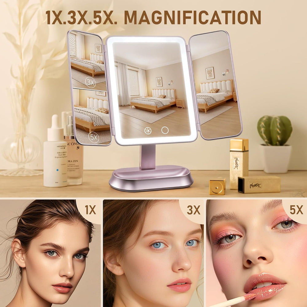 FRANO Lighted Makeup Mirror with 1X/3X/5X Magnification, Rechargeable Trifold...