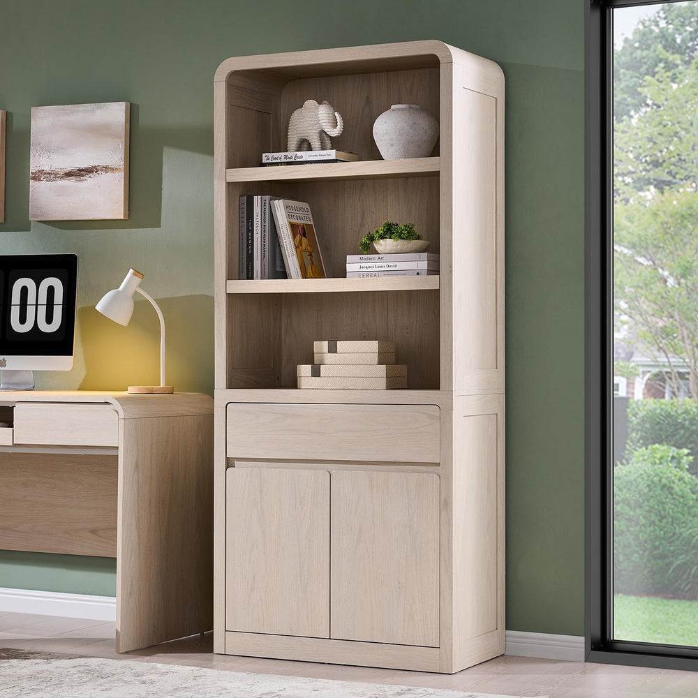 72" Tall Modern Bookshelf with Doors, 5-Tier Large Bookcase w/Drawer, Wo...
