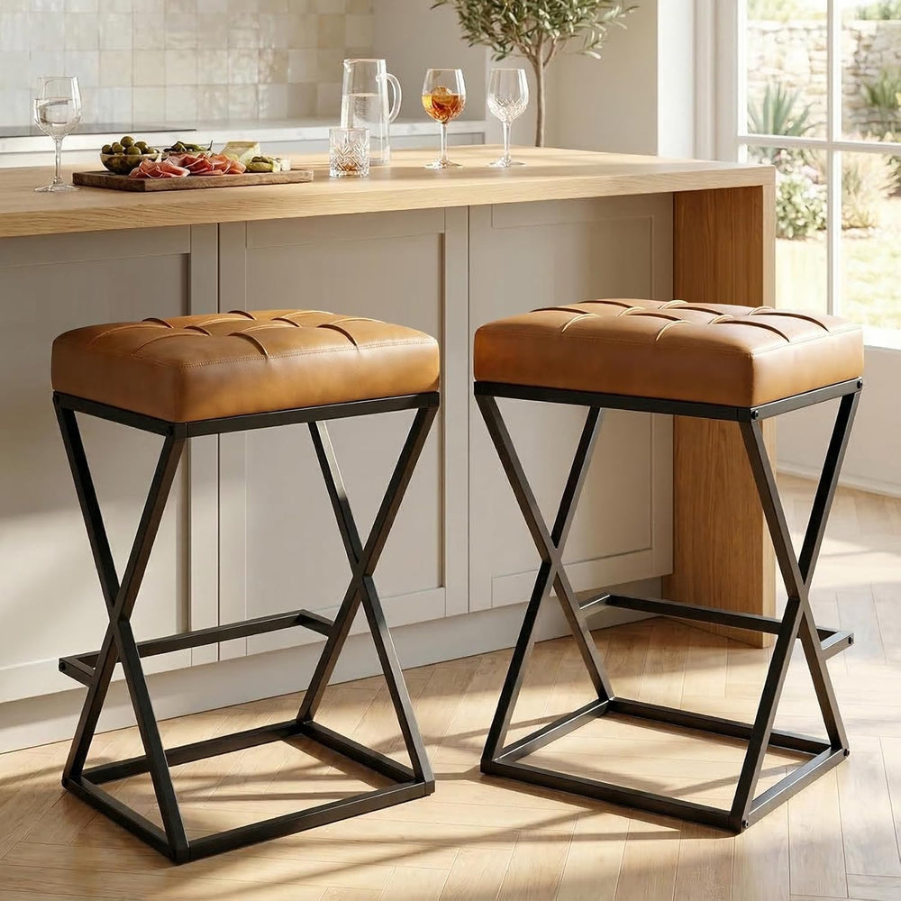 Bar Stools Set of 2, 26 Inch Counter Height Stool Faux Leather Brown | Backle...