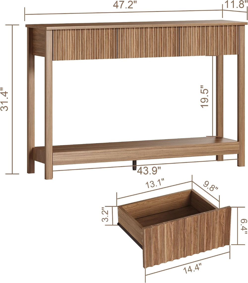 Treocho 47" Fluted Console Table with 3 Drawers and Storage Shelf | Narr...