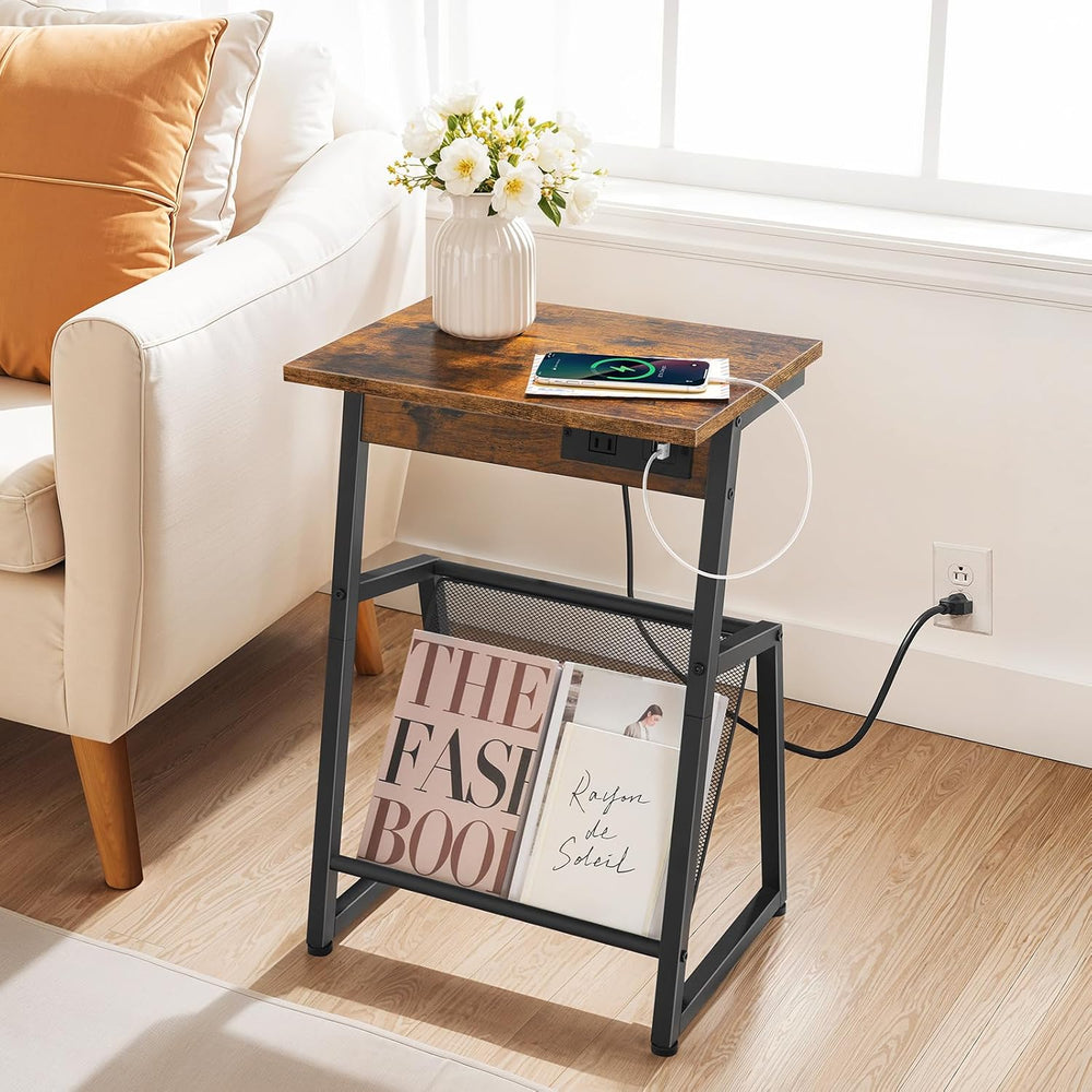 HOOBRO Side Table with Charging Station, Small End Table with Magazine Storag...