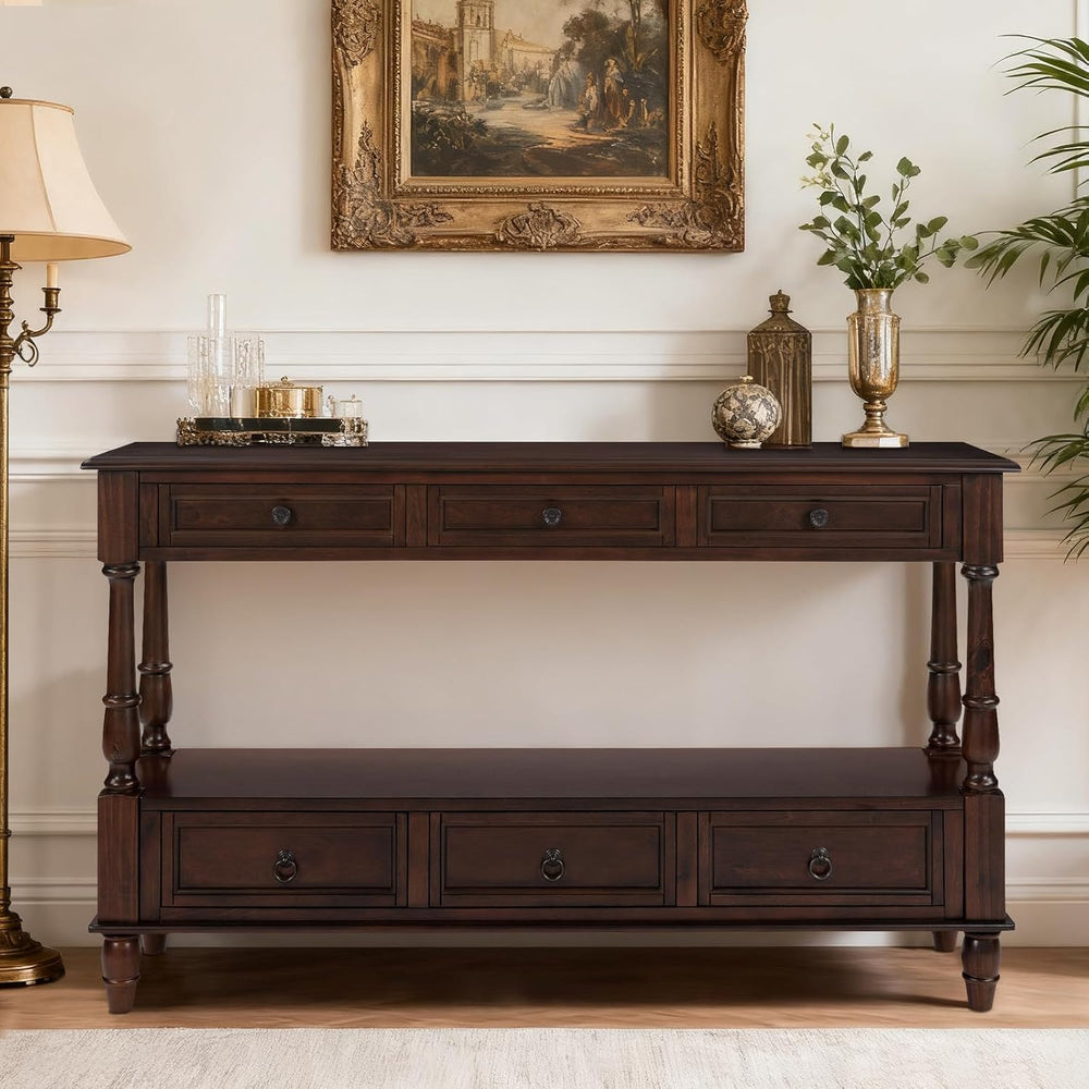 Vintage Solid Wood Console Table with 6 Drawers - 54" Hallway Sofa Table...