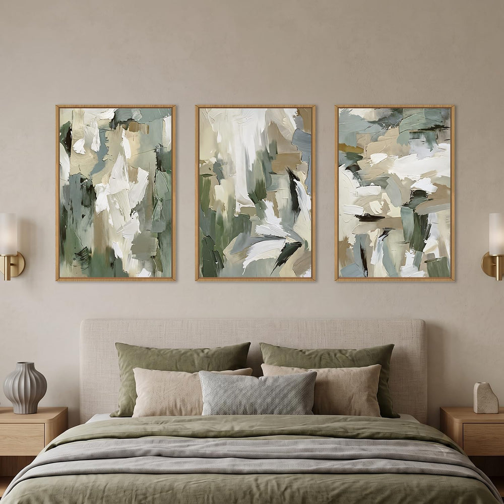 Large Abstract Green Beige Framed Canvas Wall Art Set,Neutral Brush Stroke Wa...
