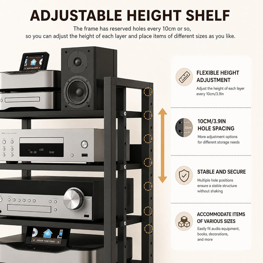 5 Tier Av Media Stand with Wheels, 39in Adjustable Audio Rack | Modern Stereo...