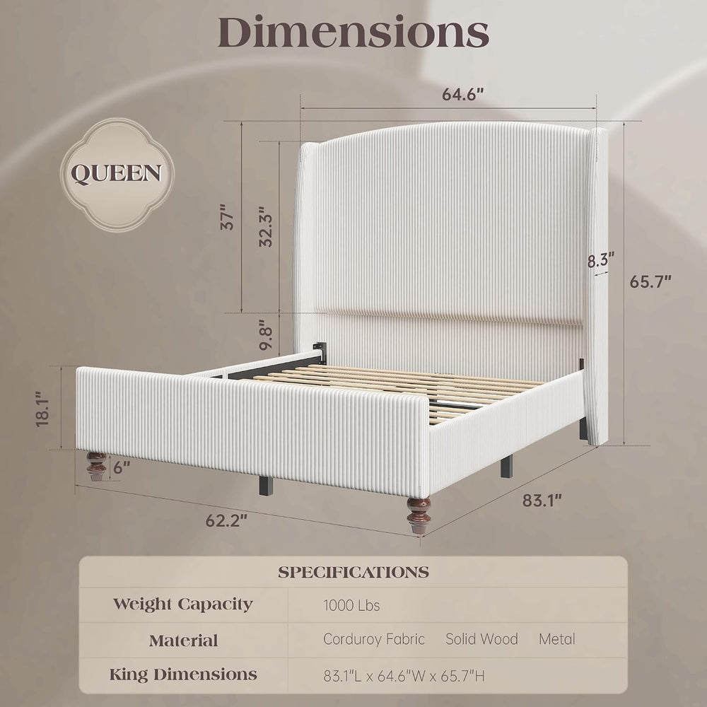 65.7" Tall Headboard Queen Size Upholstered Wingback Bed Frame, Cream