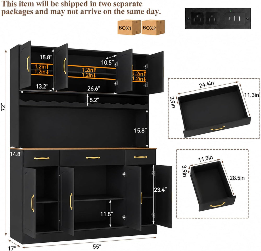 72" Tall Kitchen Pantry Cabinet with Charging Station 55" Wide Kitc...