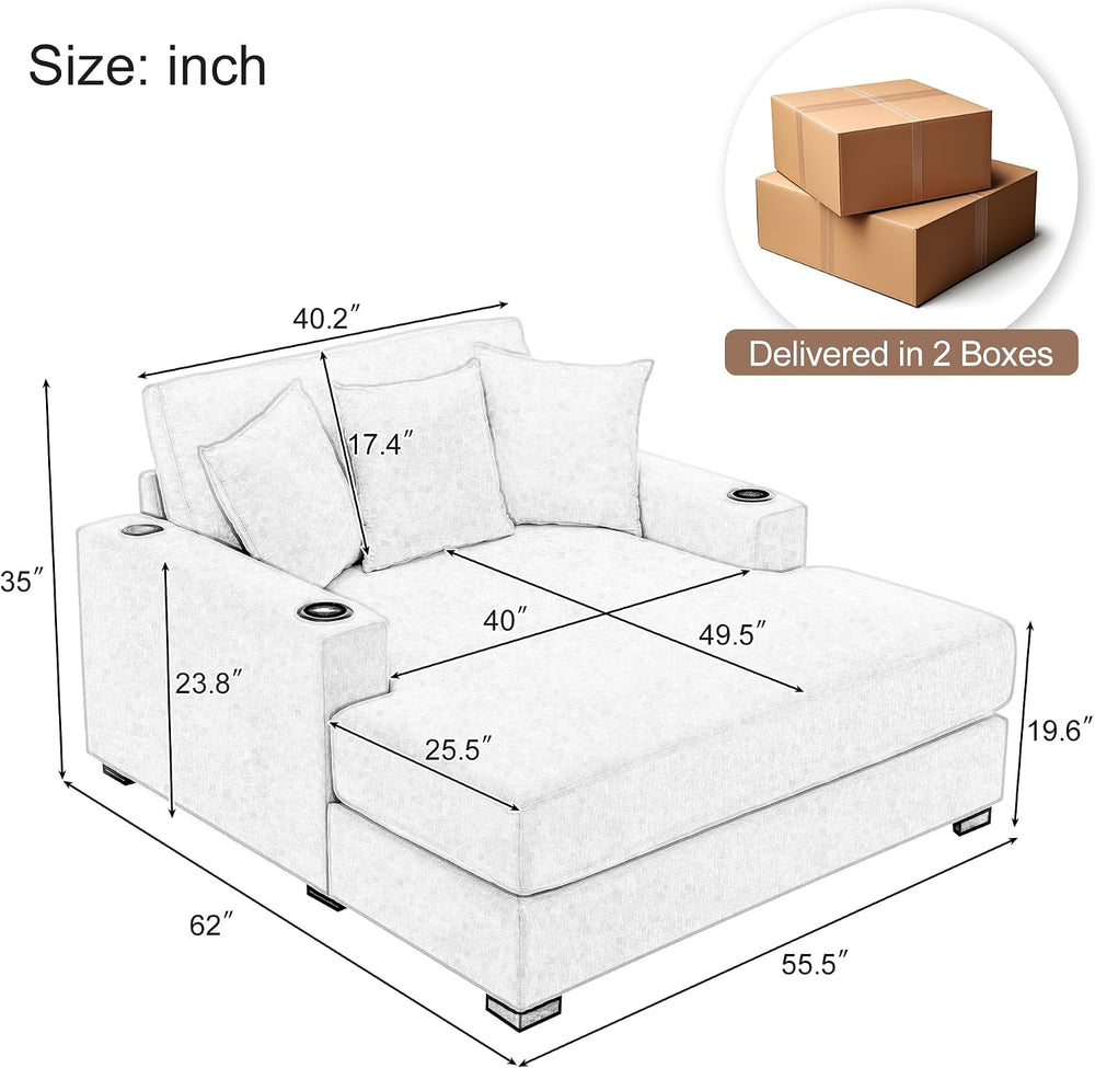 Merax Modern 55" Chaise Lounge with Pillow, Charge Station & Cup Hol...