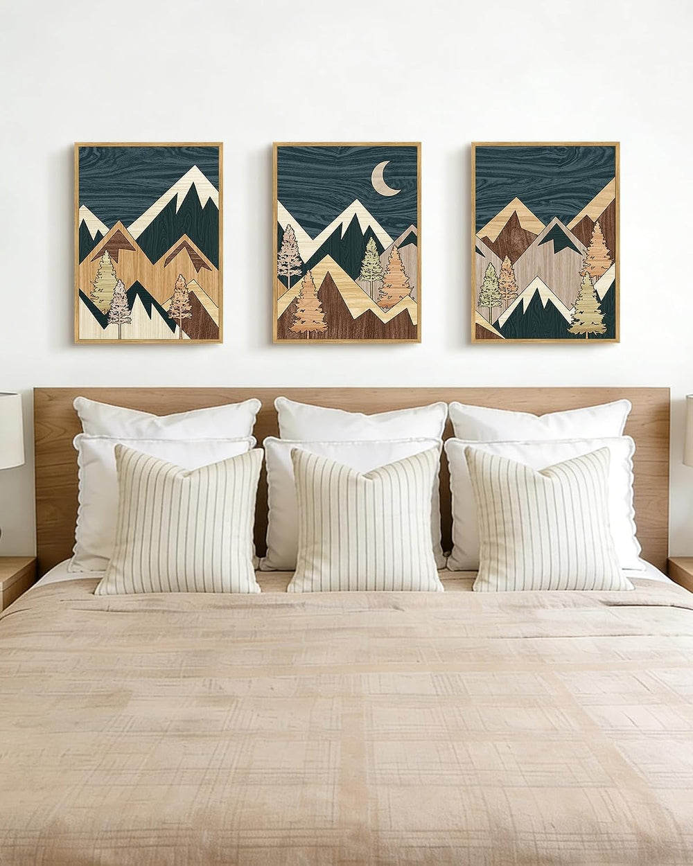 PHOPAGO Morden Mountains Framed Wall Art Boho Woodcut Pine Tree Forest Nature...