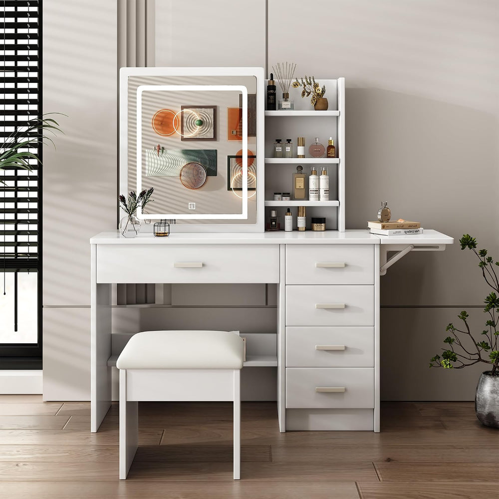 Runboll Vanity Desk with Mirror and Lights, Makeup Vanity Table Set with Chai...