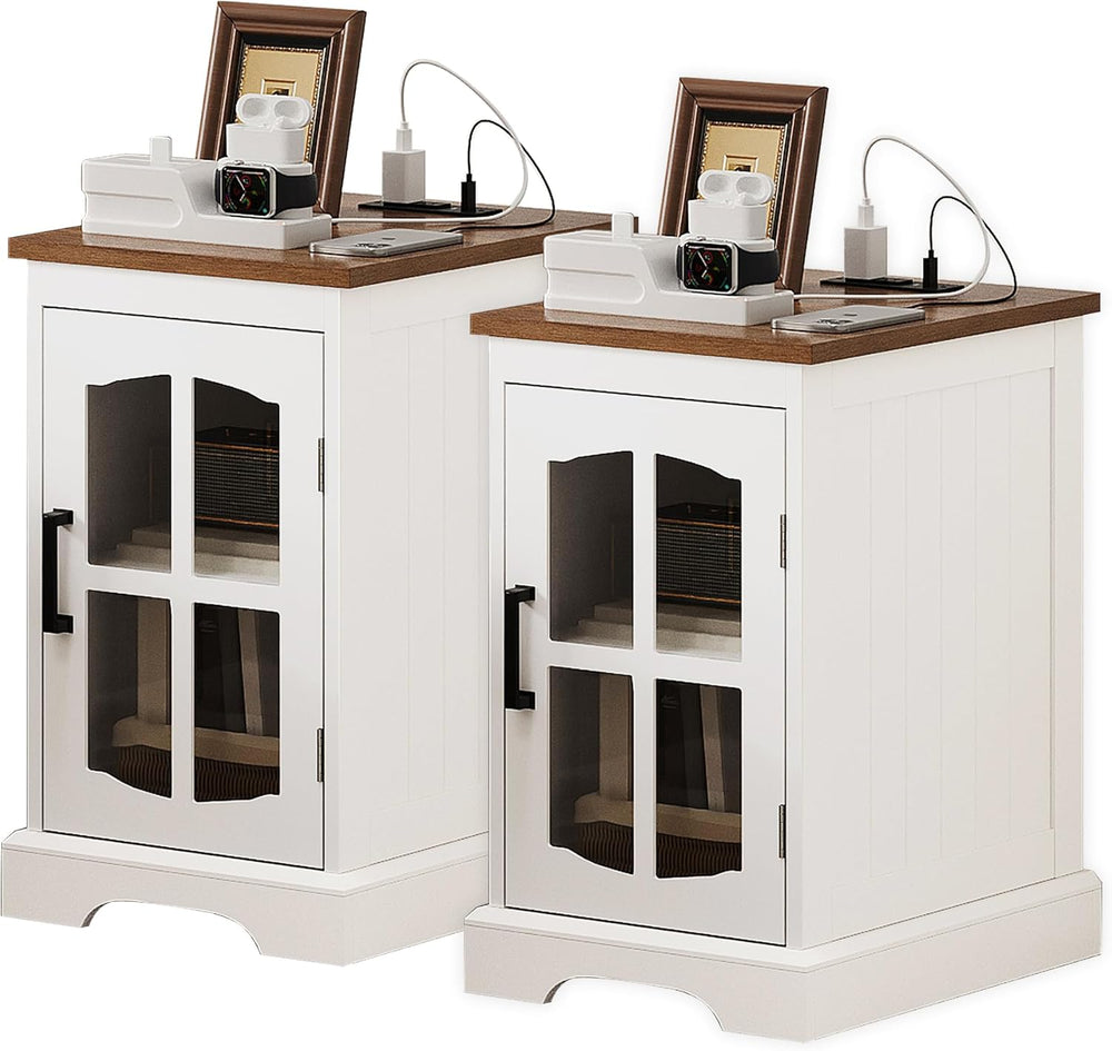 ChooChoo Farmhouse End Table Set of 2 with Charging Station, Nightstand with ...