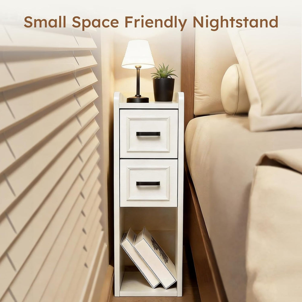 Narrow White Nightstand, Wood Slim Bedside Tables for Small Bedroom, Modern E...