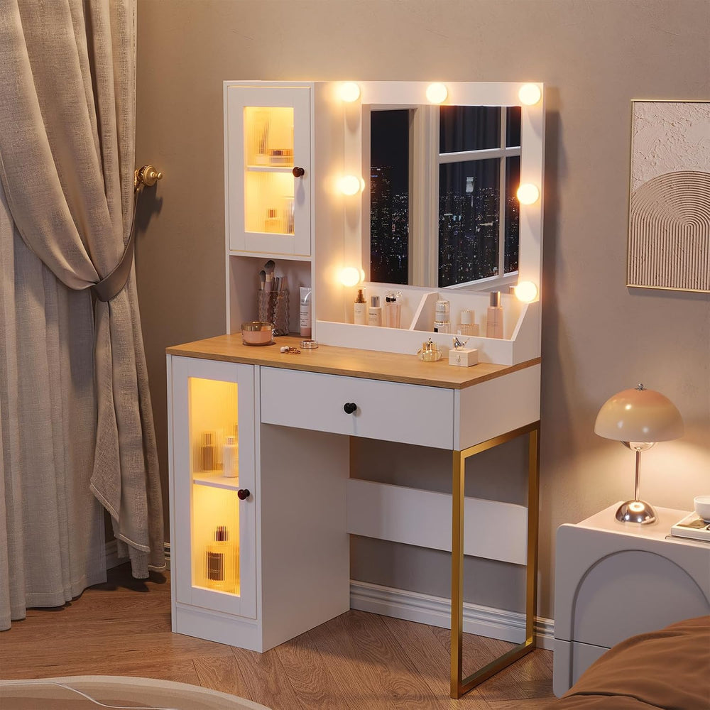 IDEALHOUSE Makeup Vanity Desk with Mirror and Lights, Vanity Table with Charg...